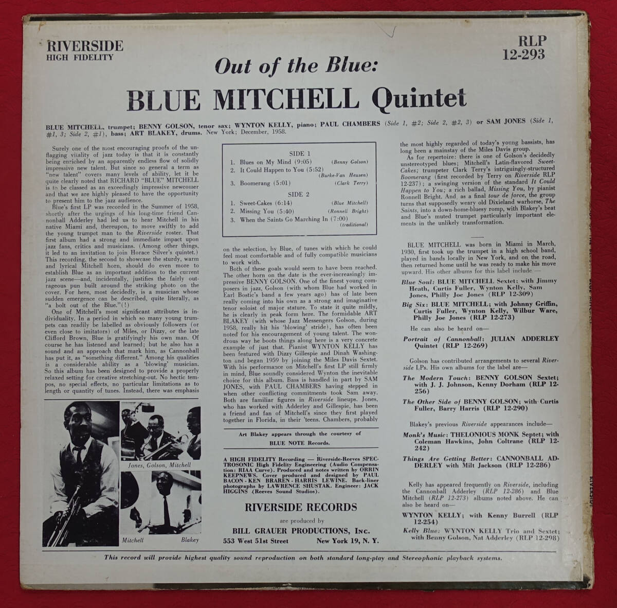  ultimate beautiful record! US Riverside RLP 12-293 original Out of the Blue : Blue Mitchell Quintet. small / DG lable 