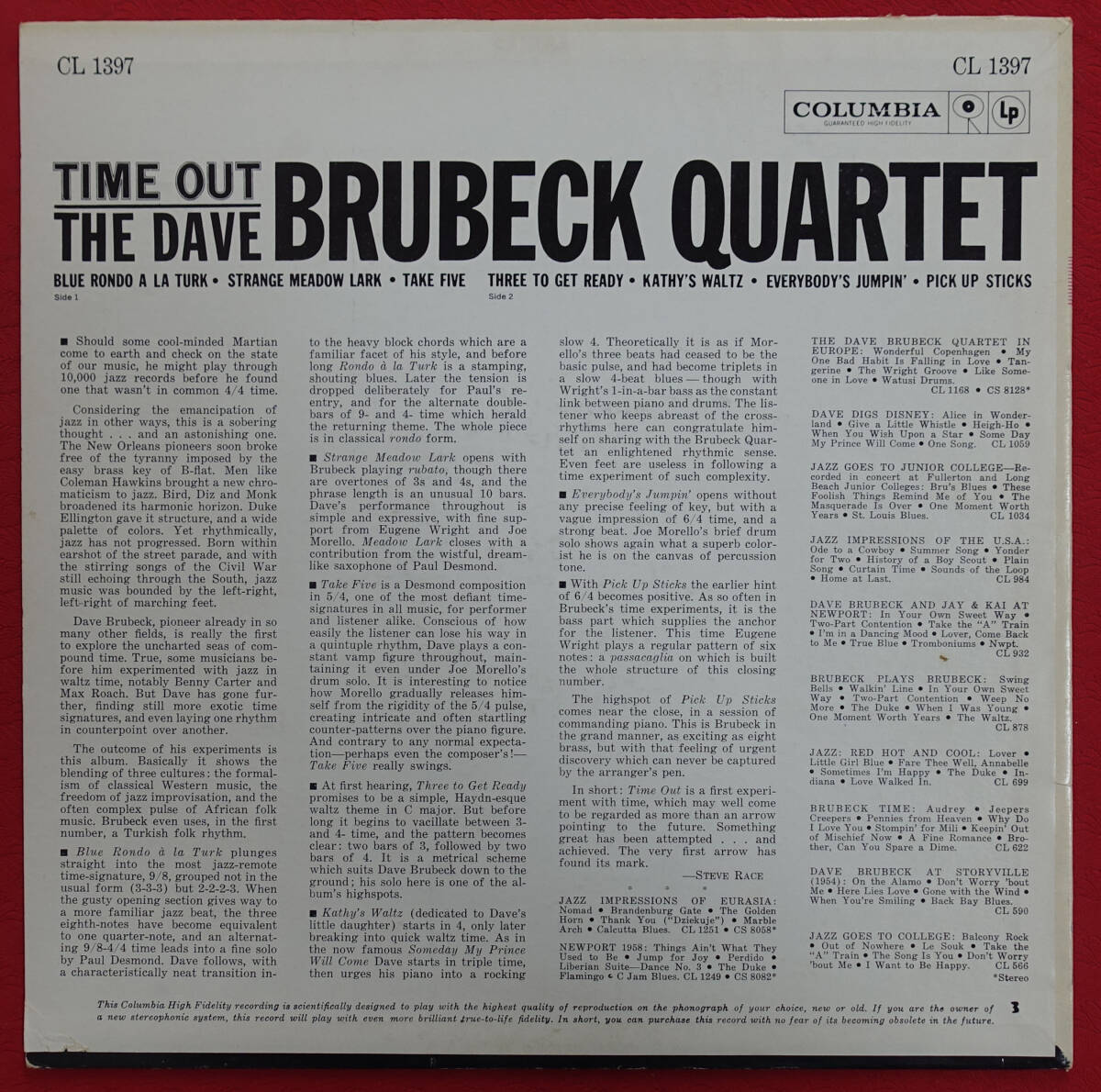 極上品! US Columbia MONO CL 1397 オリジナル 6EYES TIME OUT / The Dave Brubeck Quartet MAT: 1G/1Kの画像2