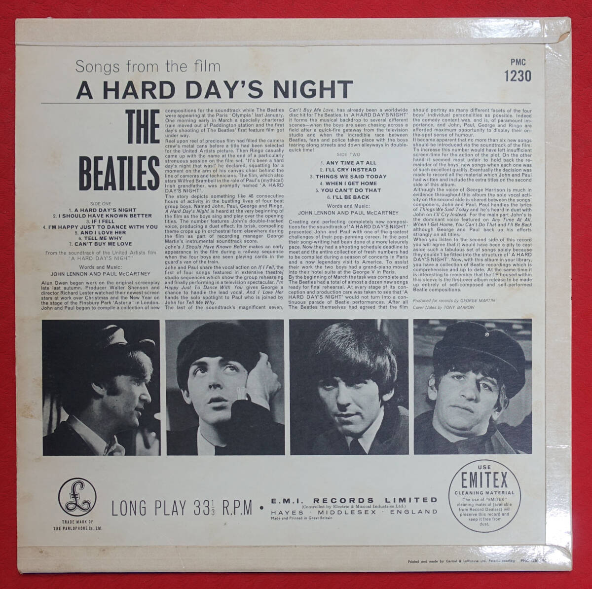 美品! UK Original 初回 Parlophone PMC 1230 A Hard Day’s Night / The Beatles MAT: 3N/3Nの画像2