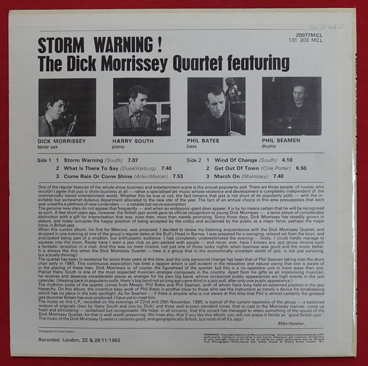 極上品! 美品！UK Mercury 20077 MCL オリジナル STORM WARNING ! / The Dick Morrissey Quartet MAT: 1L1/2L1の画像2