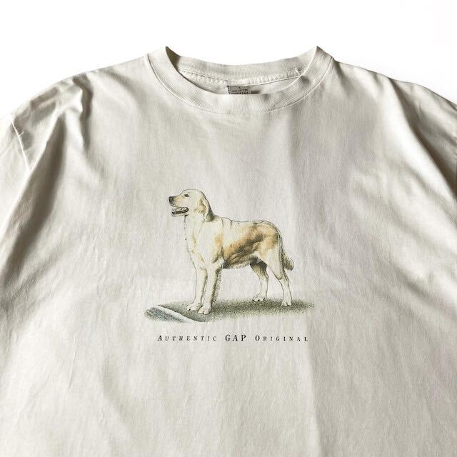90*s OLD GAP футболка белый бирка животное собака собака пятно включая USA производства Vintage темно-синий бирка teka бирка 