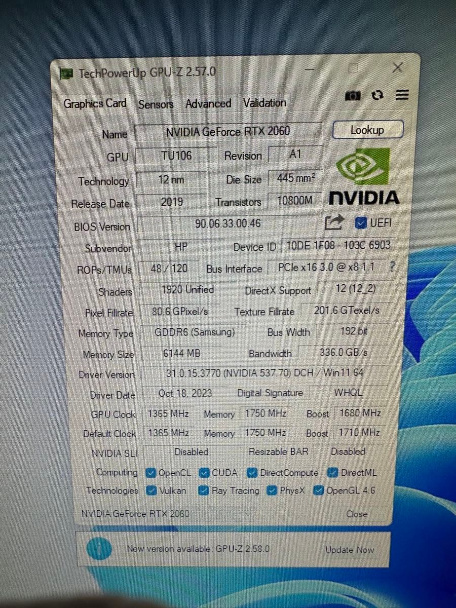 HP GeForce RTX 2060 6G 中古動作確認済み