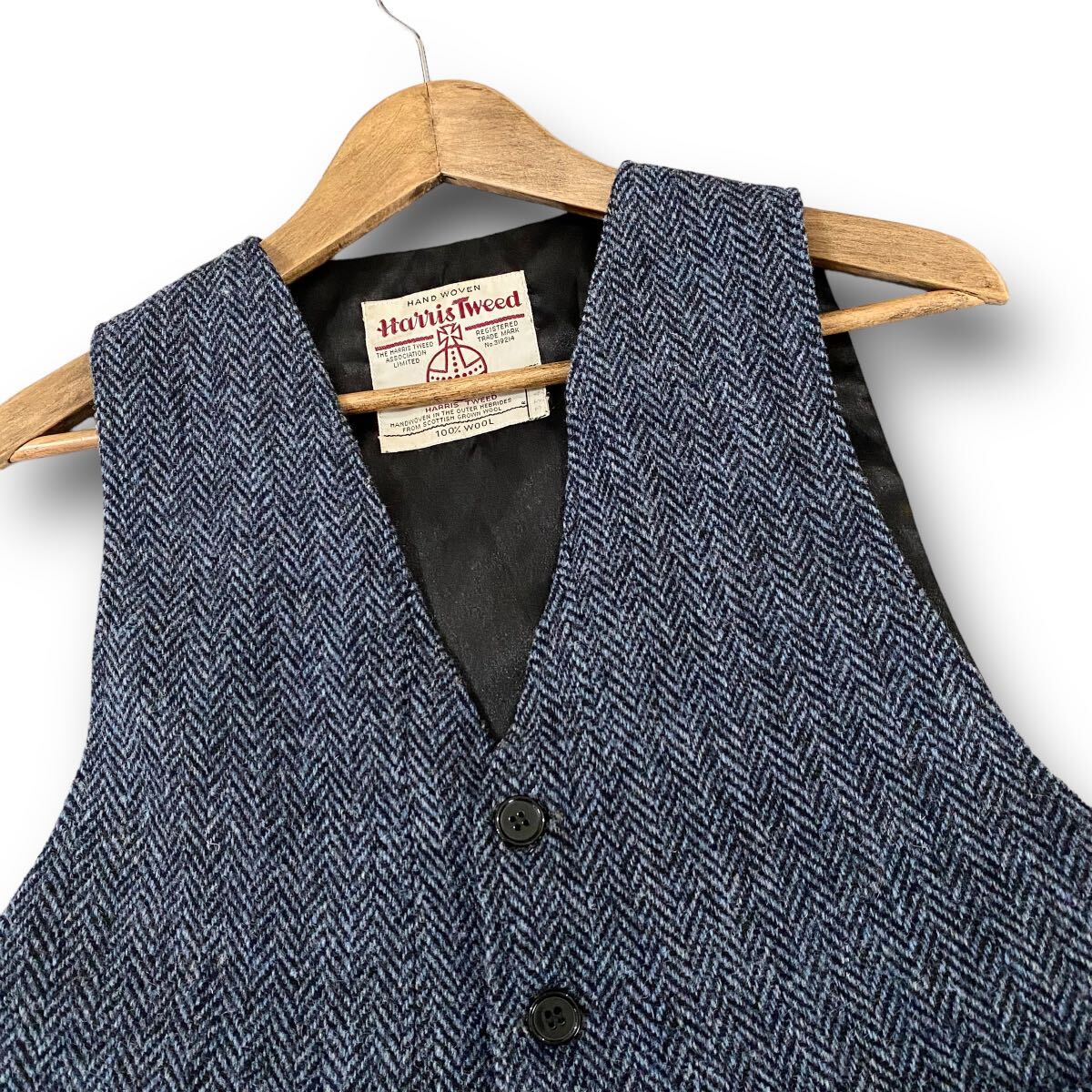 極希少 XL位★ハリスツイード HarrisTweed ベスト ジレ ウール100% ミックスヘリンボーン ブルー ネイビー シンチバック刻印 通年 メンズ_画像2