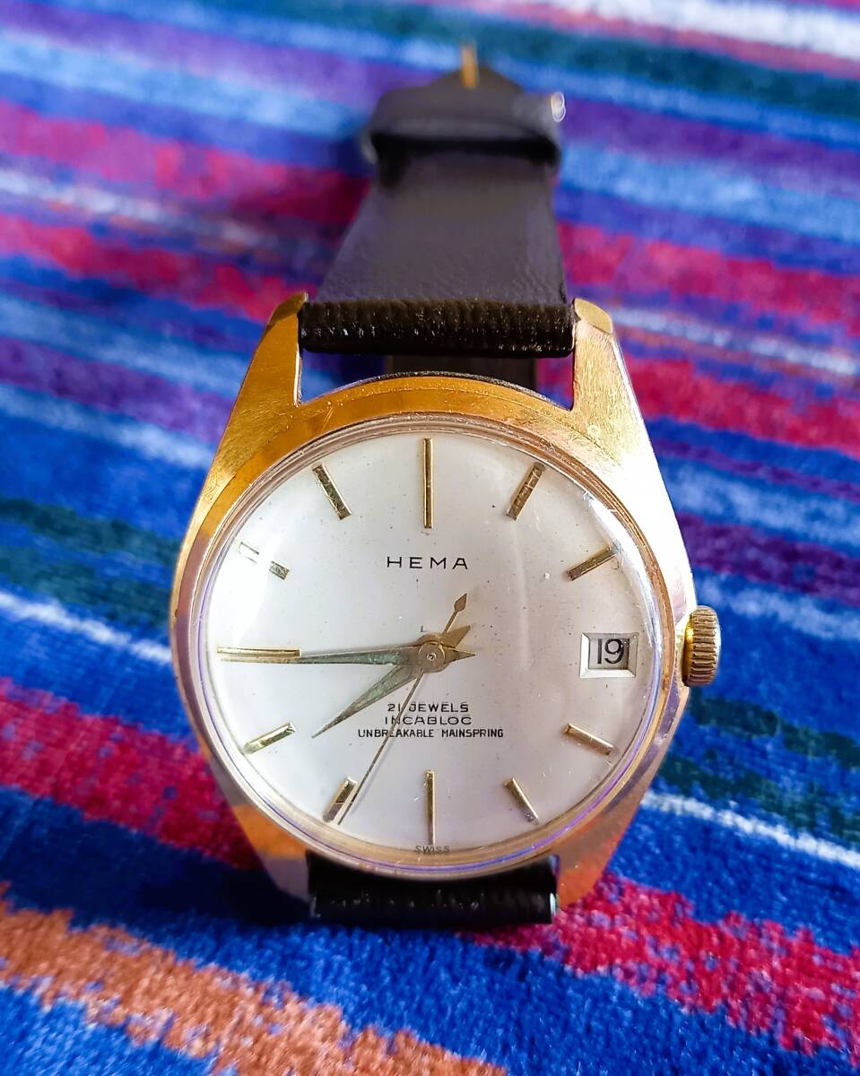 HEMA　21JEWELS　SWISS　MADE　腕時計　ジャンク品　デイト　見た目に綺麗！社外新品ベルト付！_画像1
