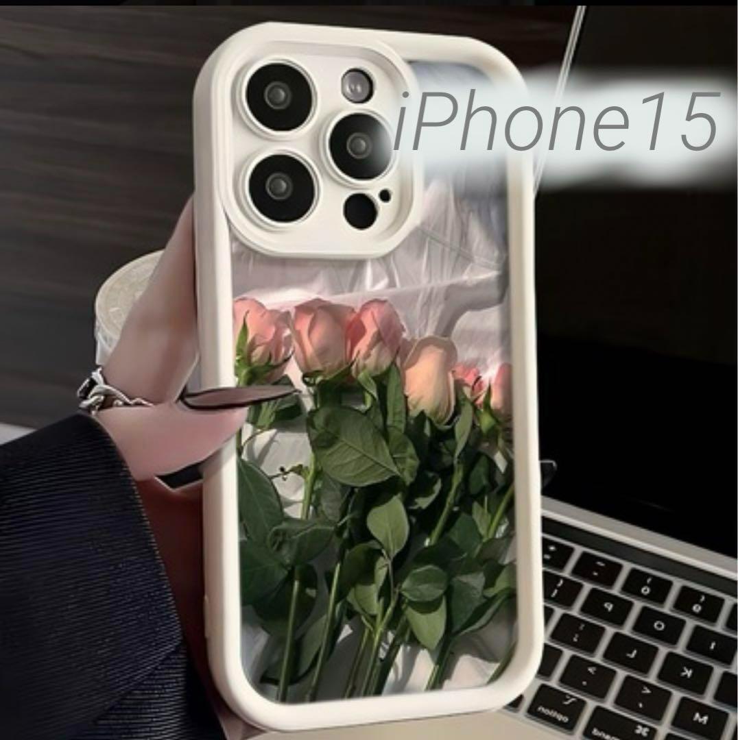 iPhone15 ホワイト バラ スマホケース 薔薇 韓国 iPhoneケース_画像1