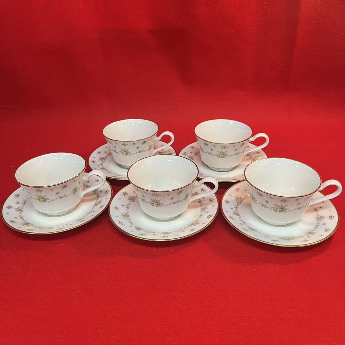 ☆美品☆ Noritake Ivory China ノリタケ アイボリーチャイナ カップ ソーサー 5客セット 金彩 花柄 レース ヴィンテージ (04166E_画像1