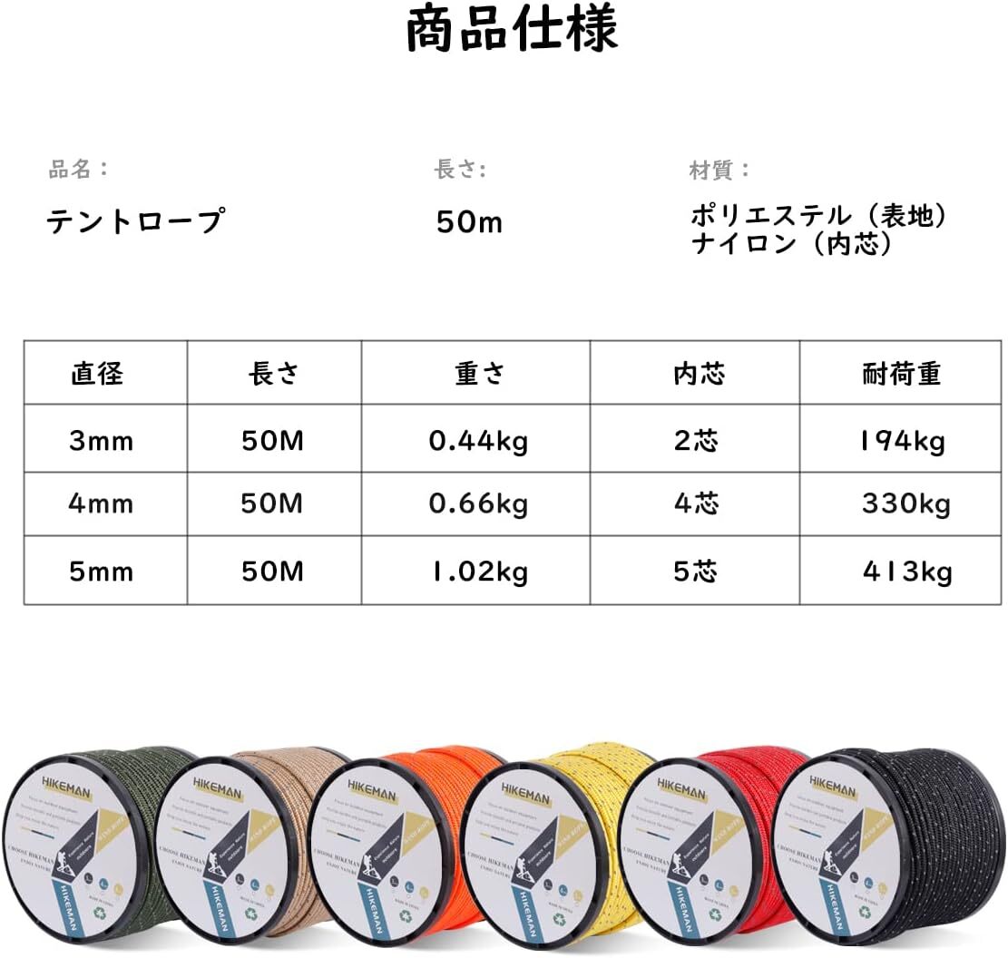 テントロープ パラコード ガイロープ タープ用 張り綱 反射材入り 50m 3mm/4mm/5mm 耐荷重400kg 多機能 自在_画像6