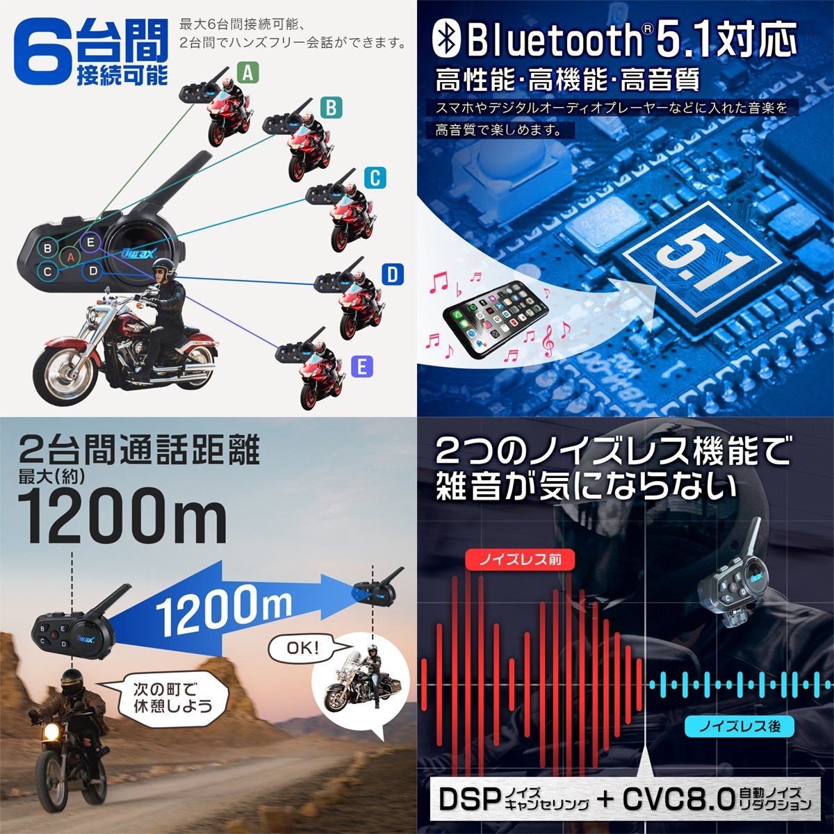 バイク インカム イヤホンマイク 1200m通信 最大6人接続 無線機 トランシーバー インターコム Bluetooth ワイヤレス 防水 ハンズフリー_画像5