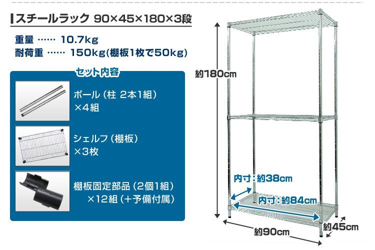 未使用 スチールラック ワイヤーラック ワイヤーシェルフ オープンラック 90×45×180cm 3段 テレビ台 業務用 棚 マルチラック 物置 什器_画像8