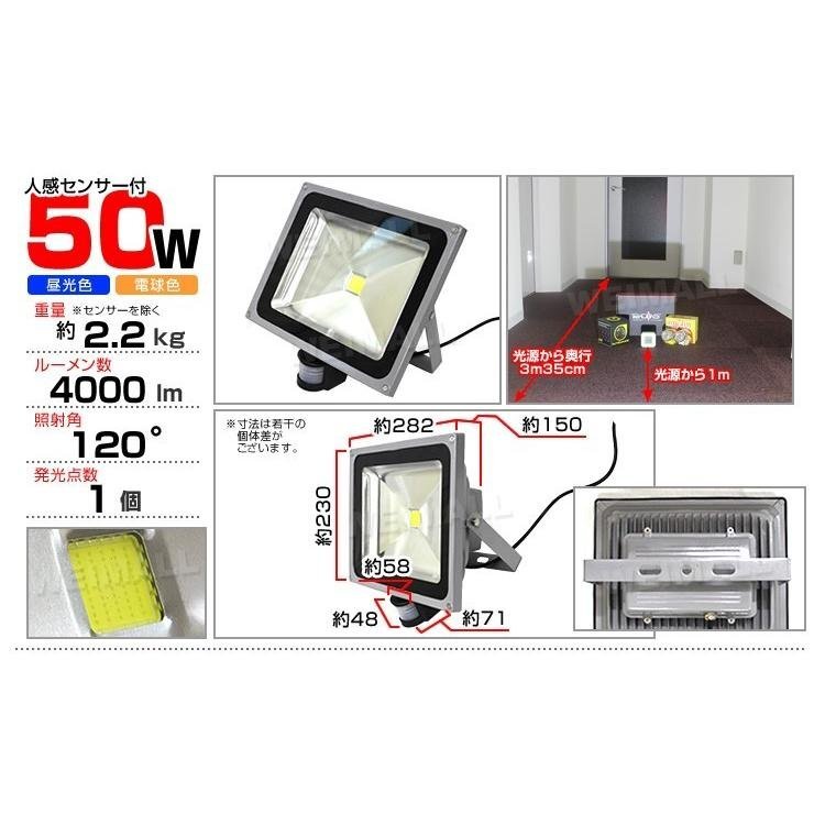 未使用 新品 LED 投光器 50W 人感センサー 昼光色 防水 作業灯 防犯 ワークライト センサーライト 看板照明 屋外 ガレージ 6000K IP65 PSE_画像3