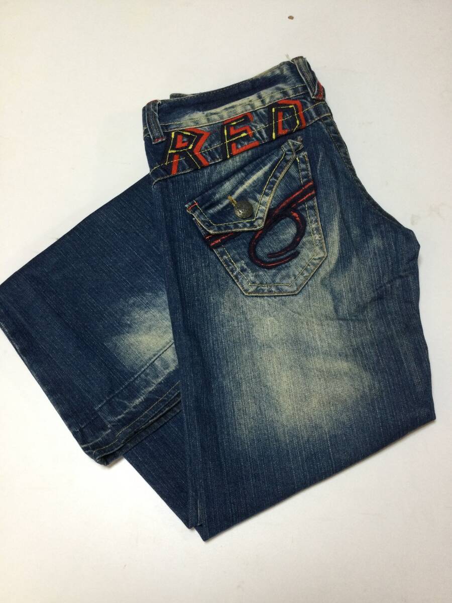  прекрасный товар красный перец Denim джинсы вышивка перо Vintage обработка Denim джинсы 28 дюймовый 
