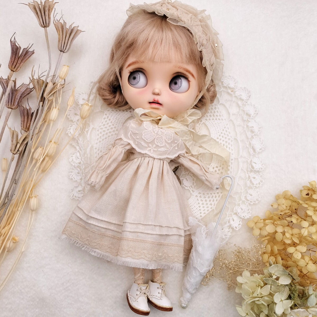 pecora.doll ブライス アウトフィット 紅茶染のワンピース ヘッドドレス 他3点セットの画像7