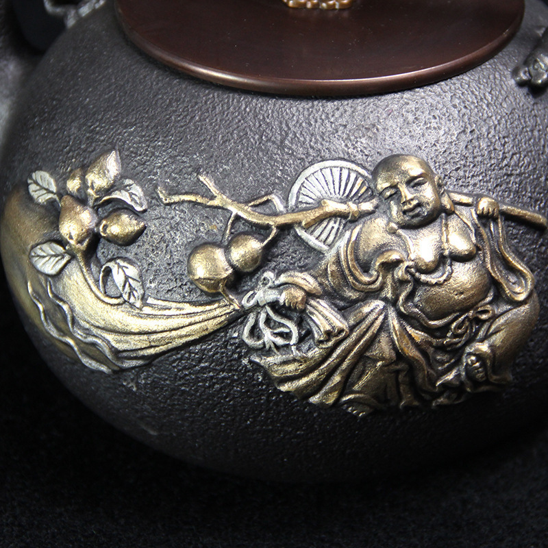 新品★ 茶道 茶器 工芸品 鉄瓶 やかん 手彫り 彫刻 鉄壺 鉄やかん 鉄分補給 未塗装 南部鉄器の画像3