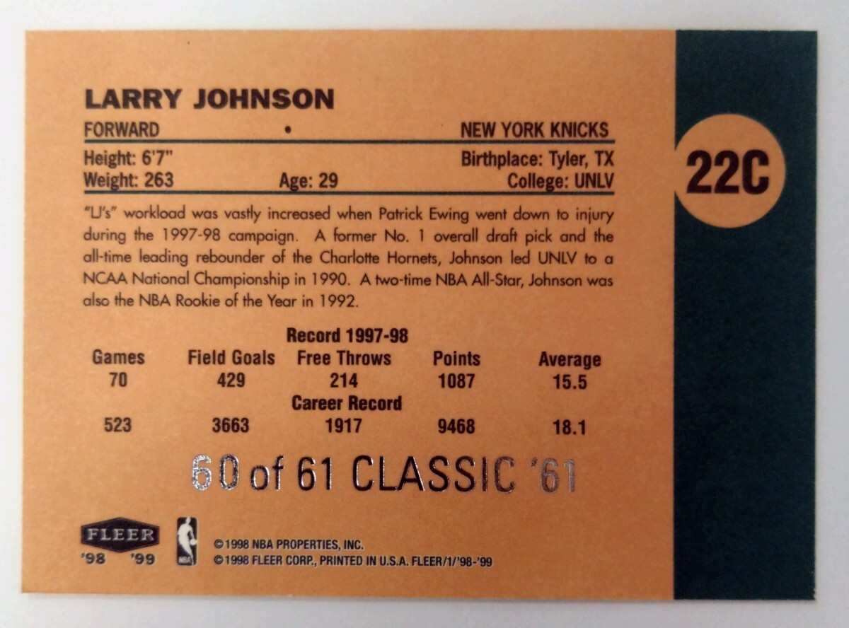 1990-99 Fleer Classic '61Larry Johnson /61の画像2