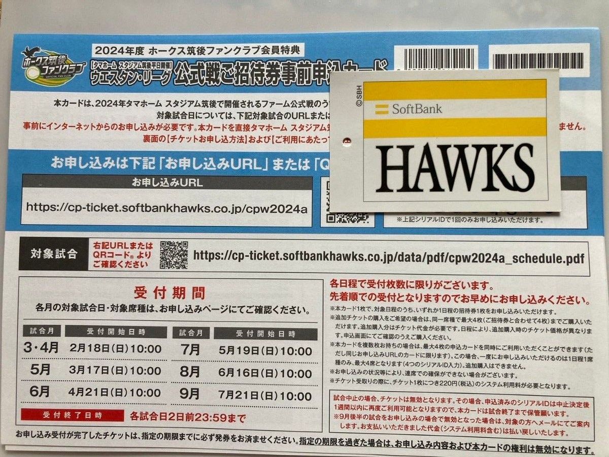 福岡ソフトバンクホークス★平日招待券１枚★<タマホームスタジアム筑後(タマスタ筑後)>ウエスタンリーグ２軍戦, 