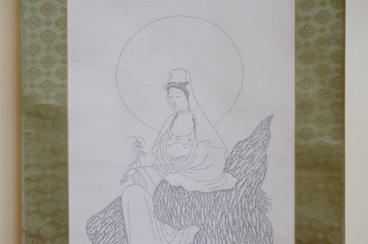 極細密御経 観音図 紙本 掛軸 仏教美術 古美術 縦207cm 横45cm_画像3