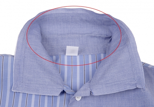 ワイズY’s コットン裁ち切りストライプ切替シャツ 水色紺白1_襟裏に薄汚れがあります。