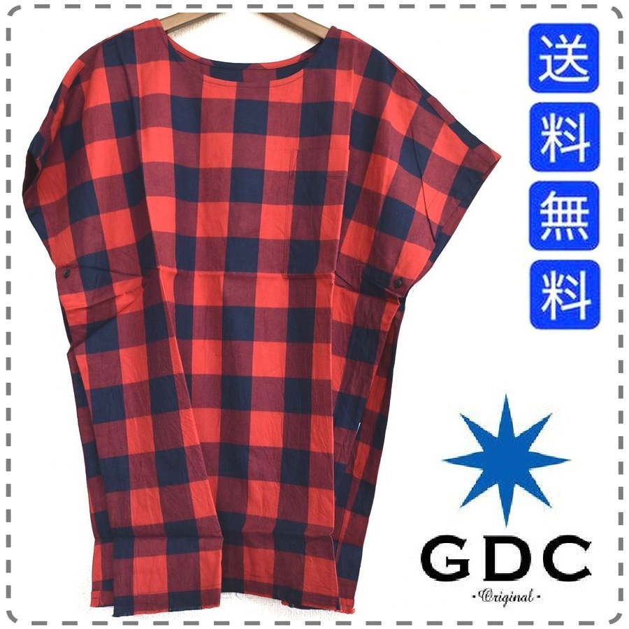 GDC ジーディーシー 日本製 チェックノースリーブシャツ ポンチョ ベスト 丸首 胸ポケット ユニセックス メンズSサイズ 赤 送料無料 A395_画像1