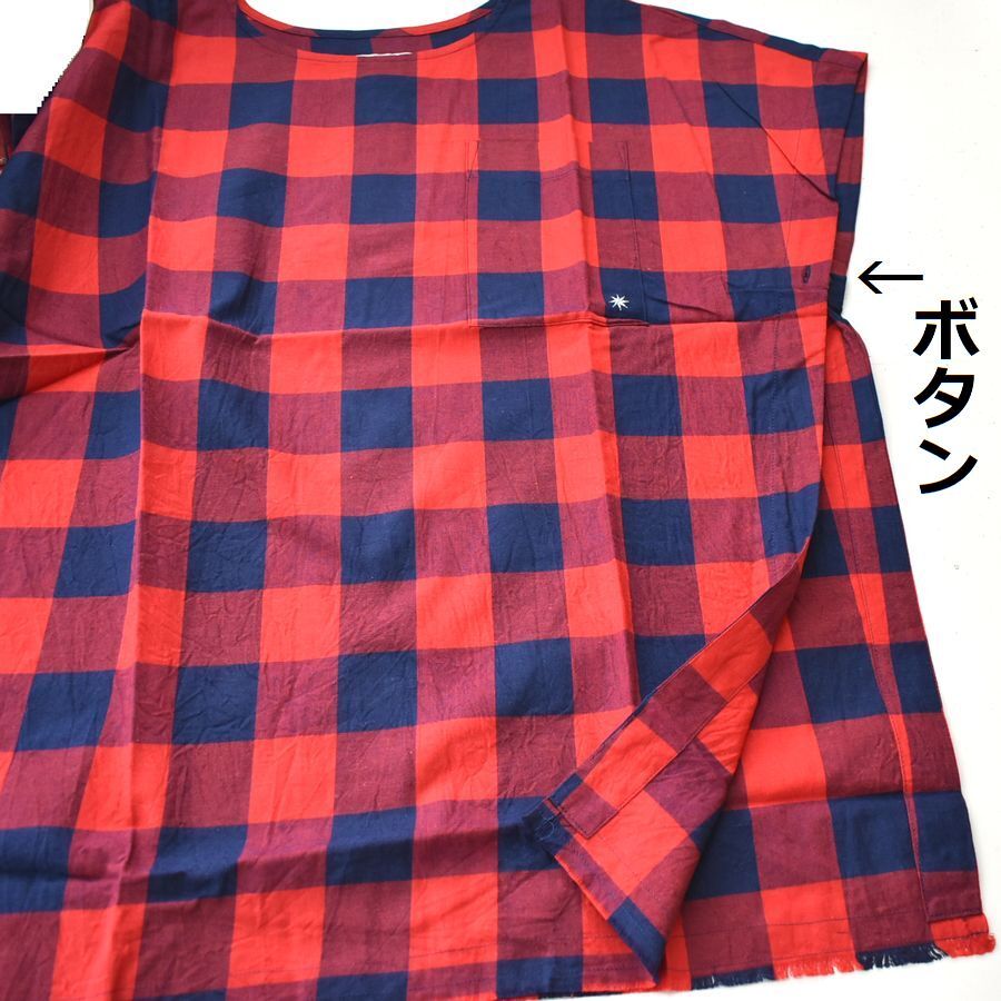 GDC ジーディーシー 日本製 チェックノースリーブシャツ ポンチョ ベスト 丸首 胸ポケット ユニセックス メンズSサイズ 赤 送料無料 A395_画像5