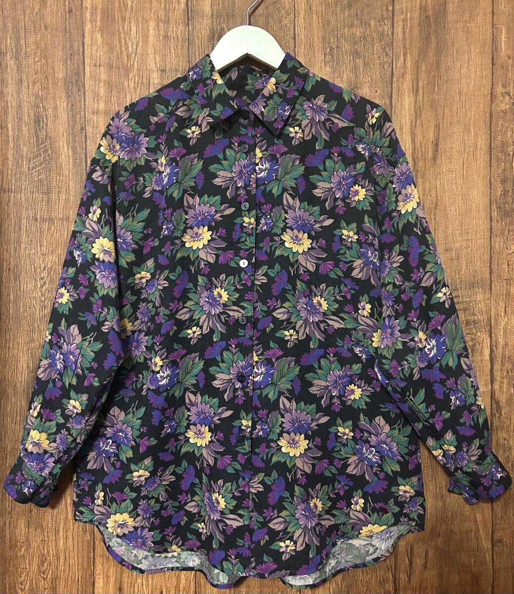 柄 シャツ 黒 長袖 花 カラフル レトロ カントリー 個性的 おしゃれ かわいい かっこいい ヴィンテージ used vintage 古着/club723(N485)_画像1