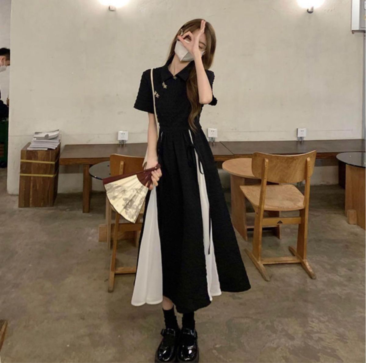 韓国よりオルチャンドレスチャイナ風 モノトーンワンピース チャイナ 風 ロング ワンピース 黒 白 モノトーン レディース