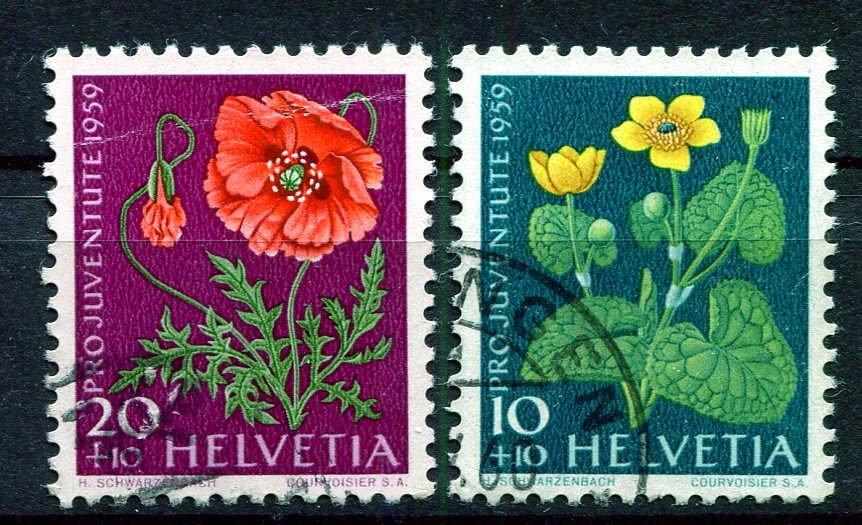 SWI◇スイス 1959年 ヒナゲシ・リュウキンカ／児童福祉切手 2種 済の画像1