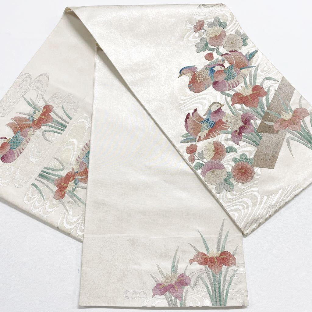 帯21 相良刺繍 高級 正絹 太鼓六通 袋帯 オシドリ 菊 菖蒲の画像2
