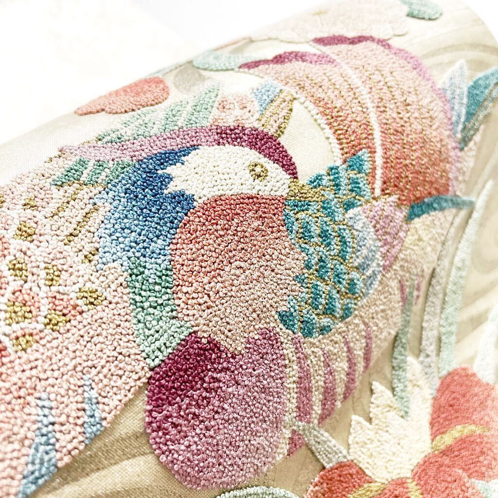 帯21 相良刺繍 高級 正絹 太鼓六通 袋帯 オシドリ 菊 菖蒲の画像8