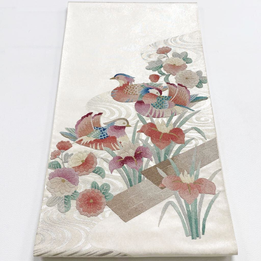 帯21 相良刺繍 高級 正絹 太鼓六通 袋帯 オシドリ 菊 菖蒲の画像1