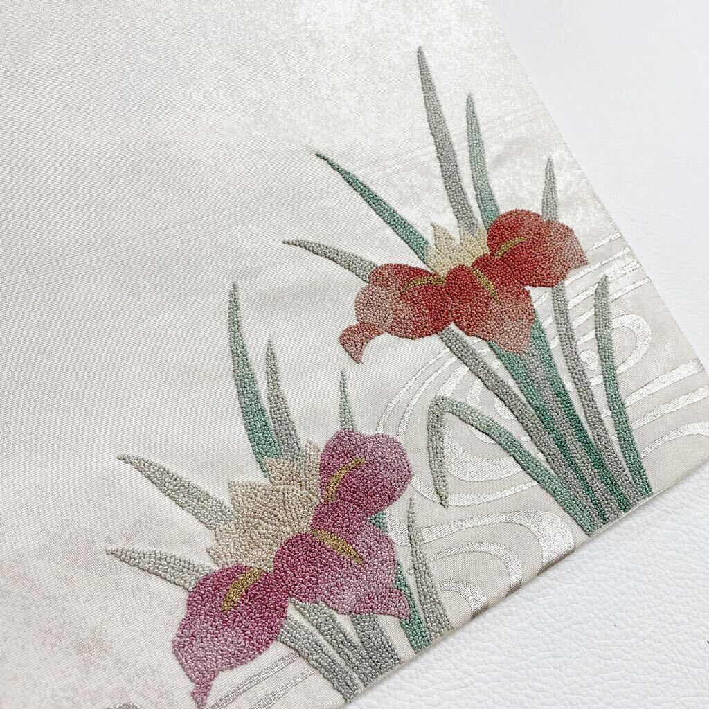 帯21 相良刺繍 高級 正絹 太鼓六通 袋帯 オシドリ 菊 菖蒲の画像6