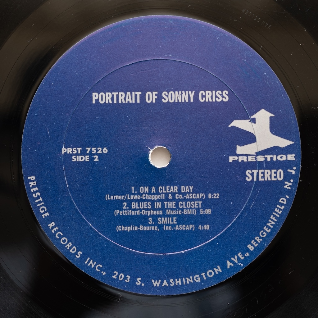 USオリジナル盤　ソニー・クリス / Portrait of Sonny Criss PRESTIGE PRST 7526 / VAN GELDER刻印 / 濃青レーベル / 右トライデントロゴ_画像4
