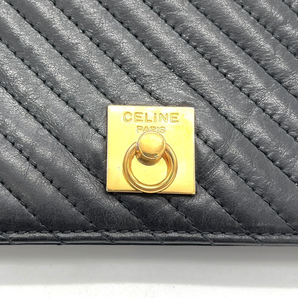 1円 美品 CELINE セリーヌ 斜め ステッチ ロゴ プレート 2way レザー ハンド チェーン ショルダー バッグ dD0404N