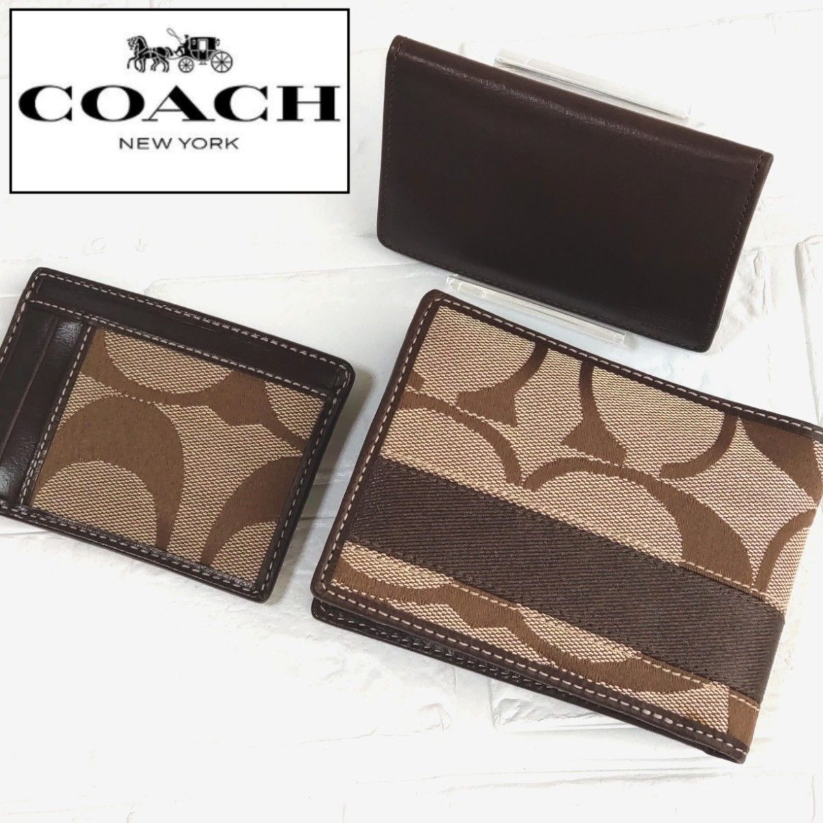 COACH 3点セット シグネチャー メンズウォレット レディース 財布 サイフ 二つ折 定期 レザー ブラウン カード 札入れ