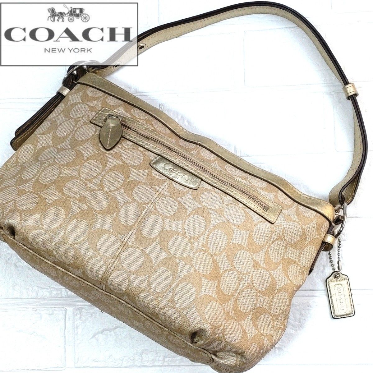 美品 COACH コーチ シグネチャー ワンショルダーバッグ バック ベージュ 総柄 肩がけ 腕かけ レディース PVC レザー