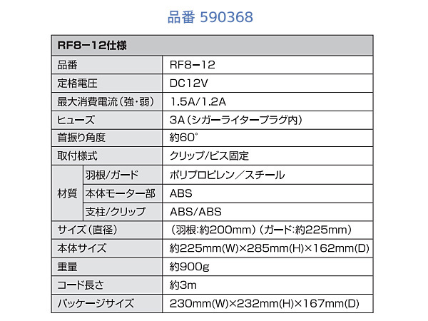 ミニルームファン 扇風機 DC12V 8インチ クリップファン クリップ固定式 自動首振り 車載扇風機 車用 590368 ジェットイノウエ JET_画像3