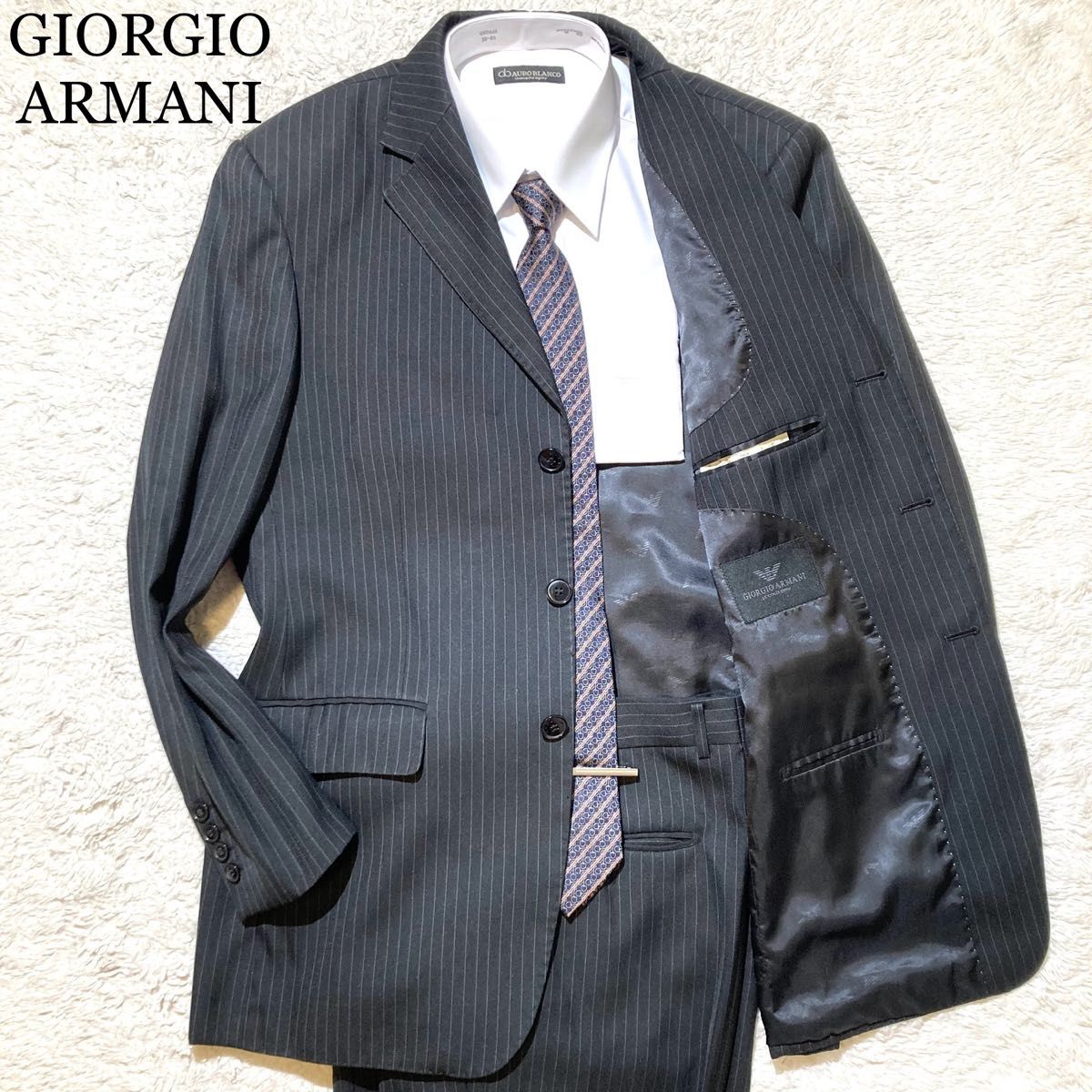 極美品】ジョルジオアルマーニ スーツ 黒 ストライプ 裏地総柄 50 XL
