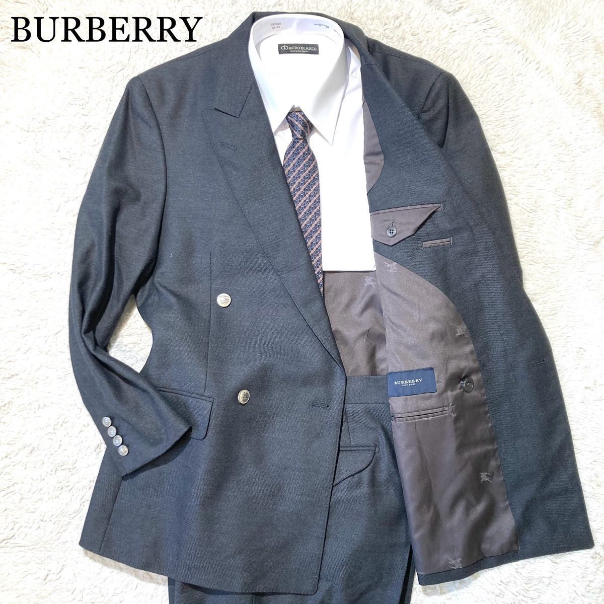 【未使用級】BURBERRY スーツ ダブル 銀ボタン グレー 総裏 AB5 M