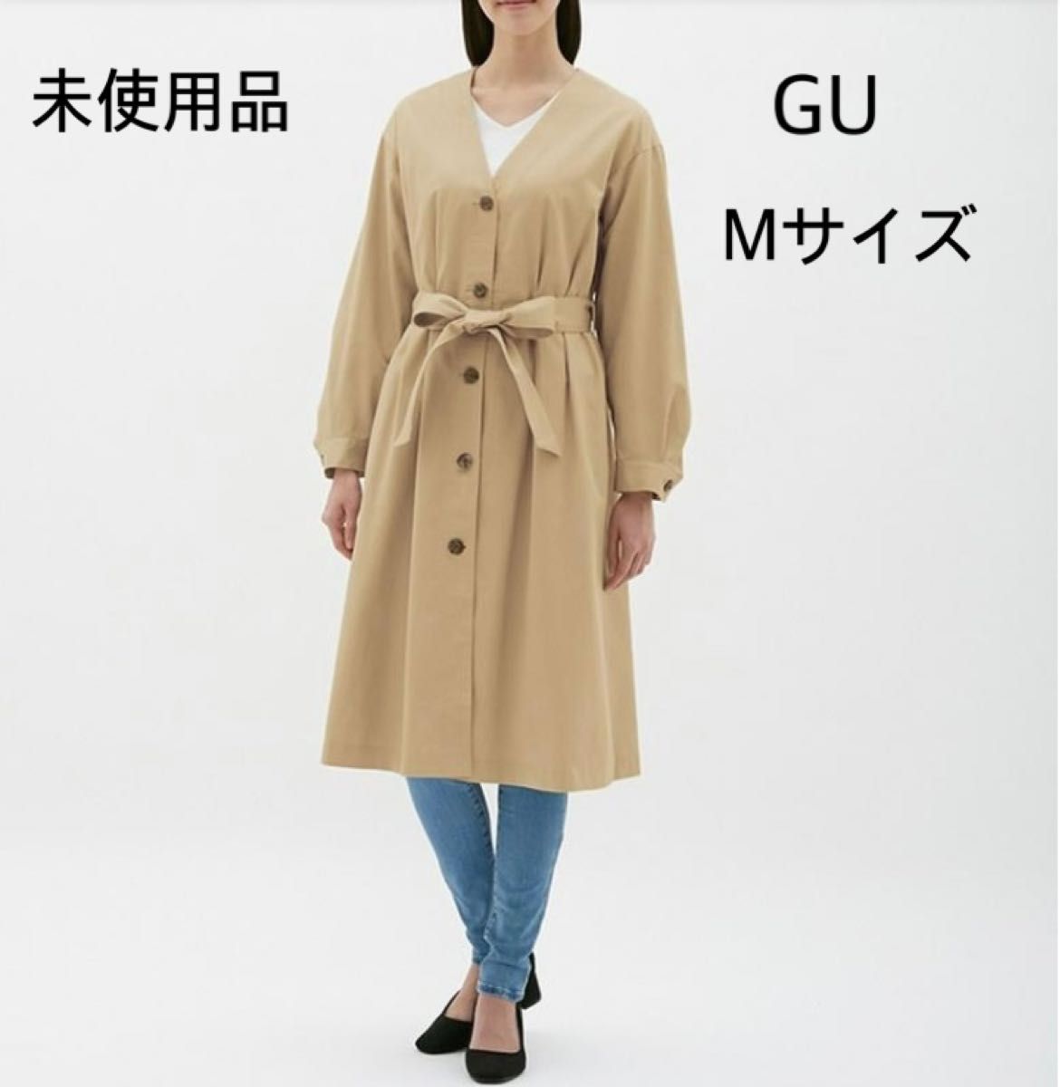 未使用品 GU ノーカラーコート ベージュ M スプリングコート 未使用品 GU ノーカラーコート ベージュ M スプリングコート