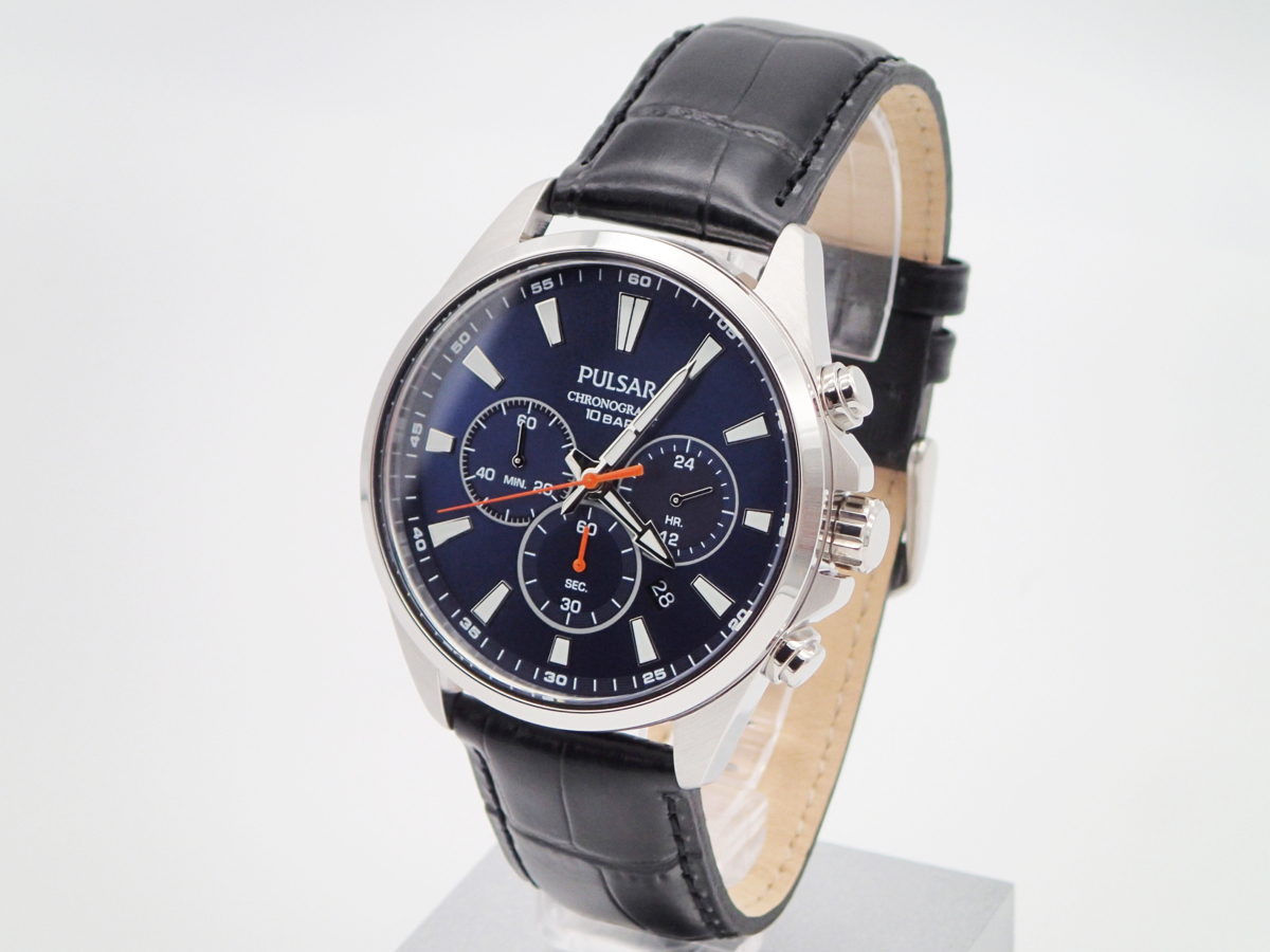 SEIKO PULSAR Chronograph Blue Black Leather Watch セイコー パルサー クロノグラフ レザーベルト ブラック ブルー 100m防水 本革 腕時計_画像5