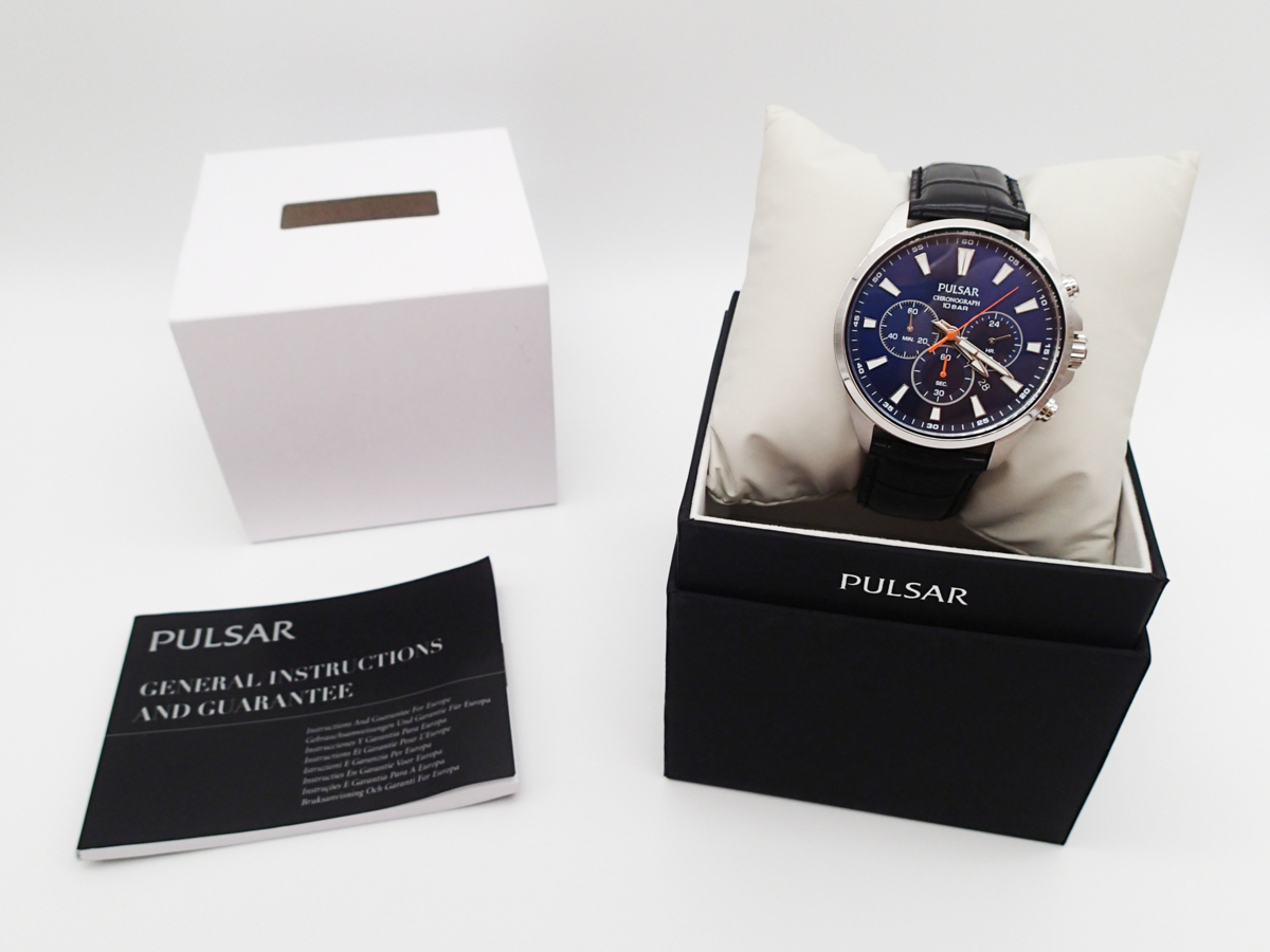 SEIKO PULSAR Chronograph Blue Black Leather Watch セイコー パルサー クロノグラフ レザーベルト ブラック ブルー 100m防水 本革 腕時計_画像10