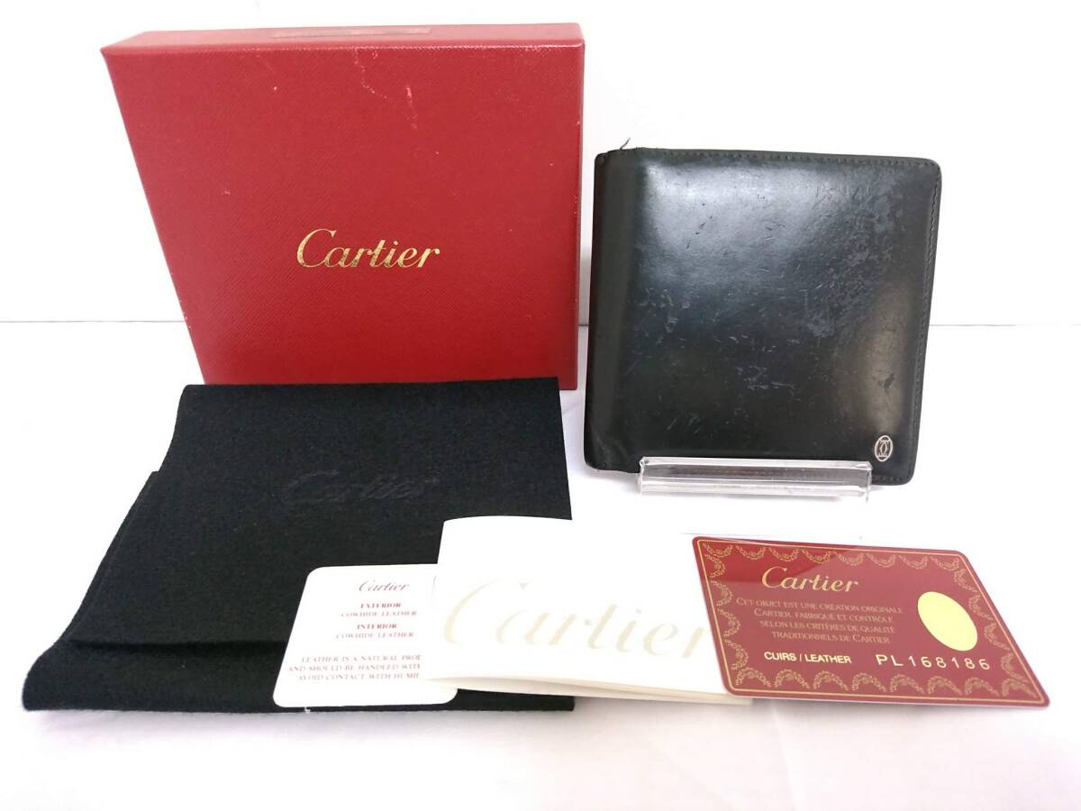 【USED品】Cartier カルティエ パシャ ドゥ カルティエ 二つ折り財布/本革/ブラック/2Cマーク/箱付き/約10.5×11×1.7cm/02SH042304-6_画像1