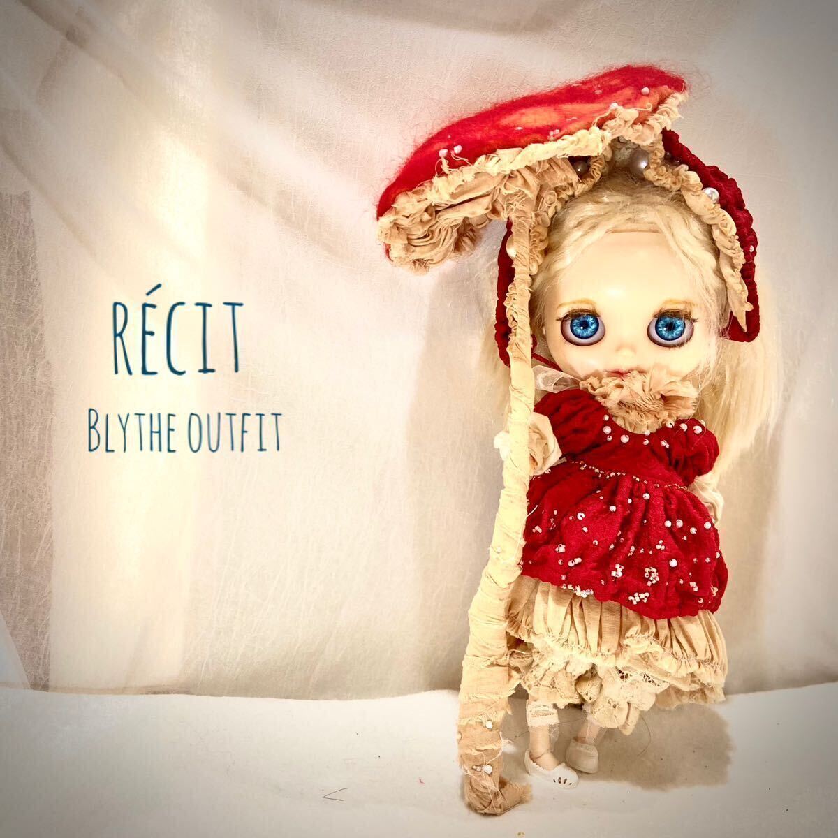 Blythe outfit ブライス アウトフィット べにてんぐだけのオブジェと小人のアウトフィット 布きのこ 紅茶染め ビーズの画像1