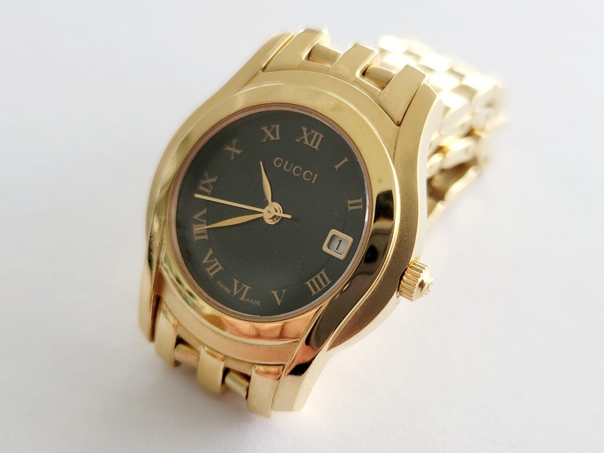 GUCCI　グッチ　本物　5400L　GP　ブラック文字盤　クォーツ　レディース腕時計　ゴールド　ローマインデックス_画像1