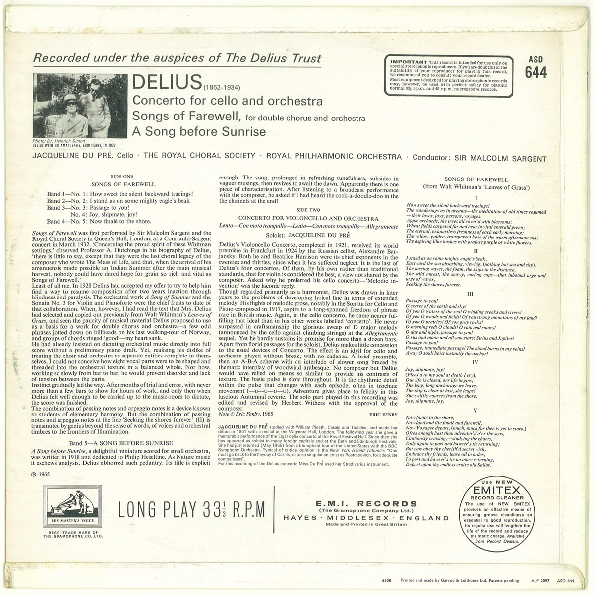 【非売品】 英HMV ASD644 ディーリアス「チェロ協奏曲」 デュ・プレ サージェント ロイヤル・フィルの画像2