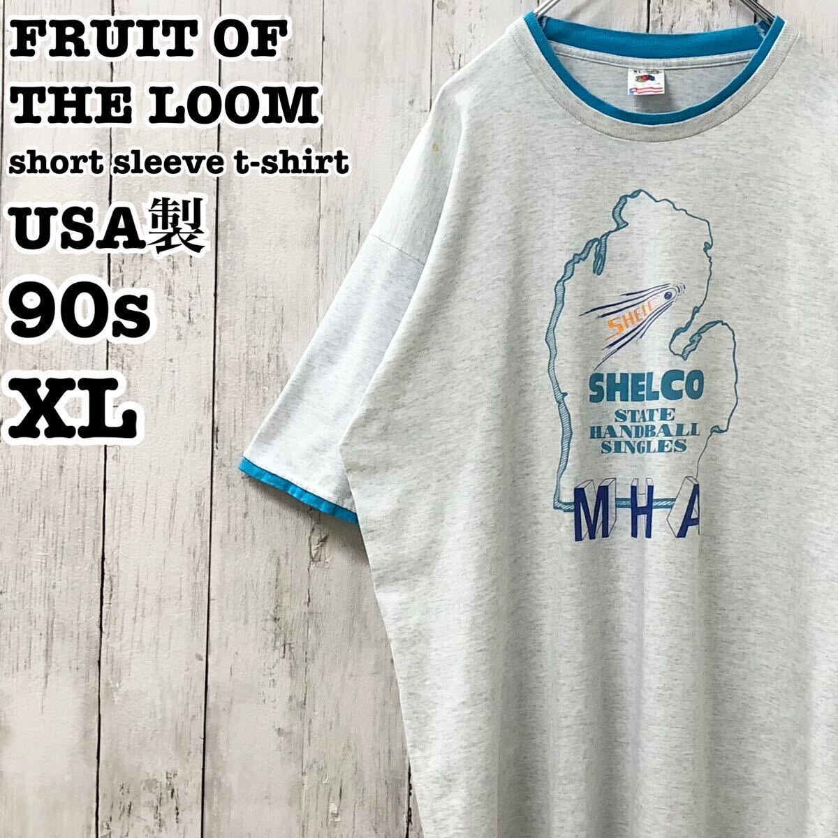 90s フルーツオブザルーム USA製 アメリカ古着 重ね着風 英字 プリント 半袖Tシャツ XL_画像1