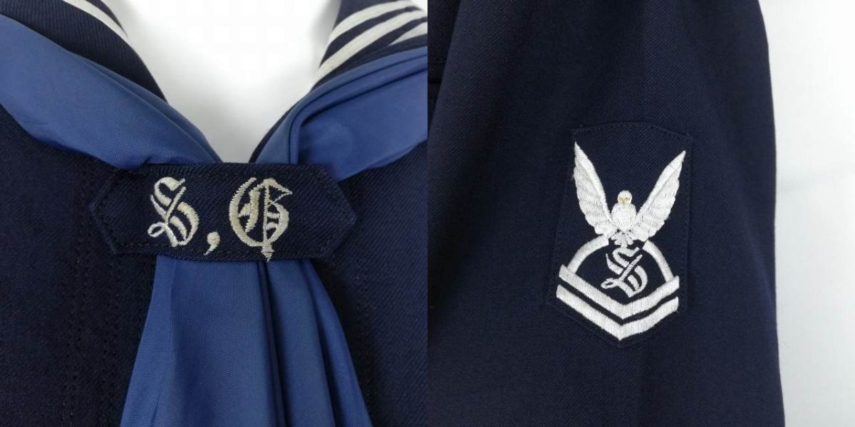 1円 セーラー服 スカート スカーフ 上下3点セット France 冬物 白3本線 女子 学生服 神奈川聖和学院 紺 制服 中古 ランクC NA1181_画像5