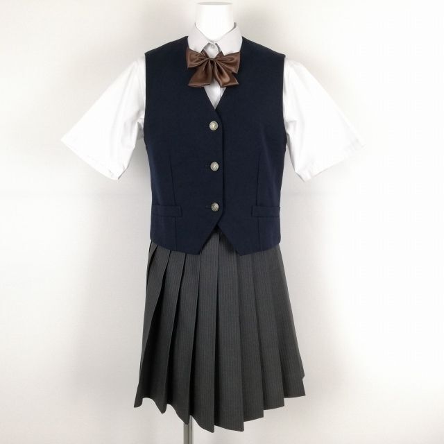 1円 ベスト スカート リボン 上下4点セット 冬物 女子 学生服 中学 高校 紺 制服 中古 ランクB EY8360_画像1