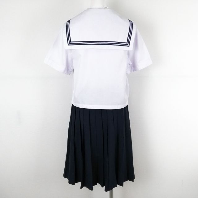 1円 セーラー服 スカート スカーフ 上下3点セット 大きいサイズ カンコー 夏物 青3本線 女子 学生服 兵庫大的中学 白 中古 ランクC EY8468の画像2