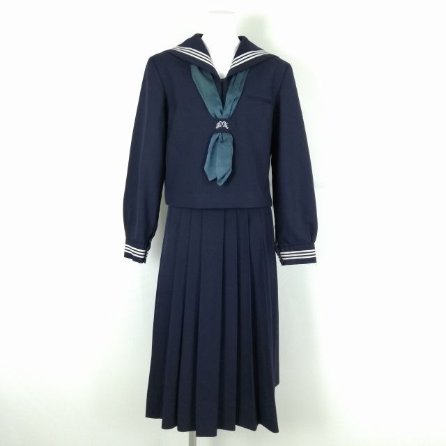 1円 セーラー服 スカート スカーフ 上下3点セット 指定 冬物 白3本線 女子 学生服 兵庫武庫川女子大学附属中学高校 紺 中古 ランクC EY8598の画像1