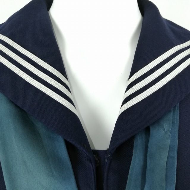 1円 セーラー服 スカート スカーフ 上下3点セット 指定 冬物 白3本線 女子 学生服 兵庫武庫川女子大学附属中学高校 紺 中古 ランクC EY8598の画像7